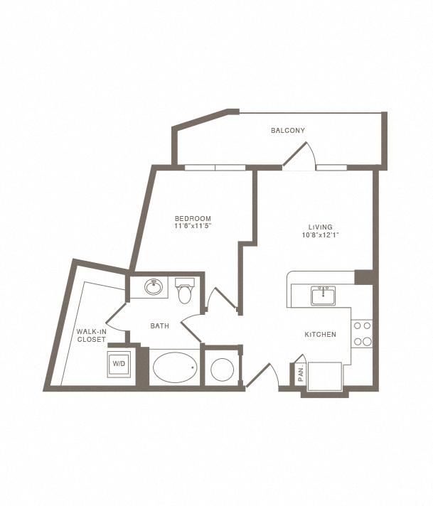 Floor plan for 1 bed, 1 bath, 636 sqft